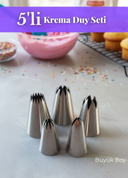 Jet's Home Büyük Boy Krema Duy Seti 5'li Paslanmaz Pasta Cupcake Kurabiye Duyu Çelik Süsleme Başlıkları Set-4