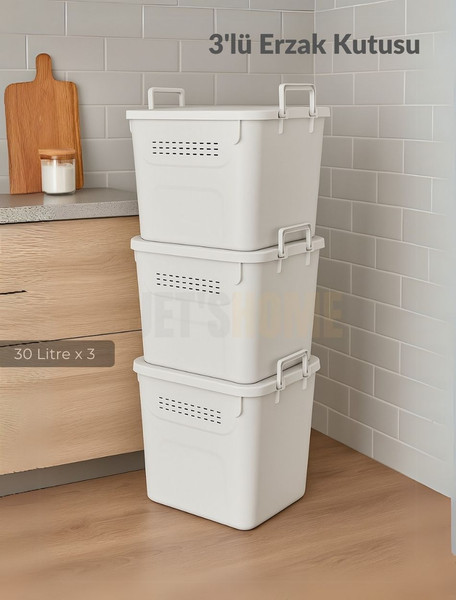 Jet's Home 3’lü Set Soğanlık Sepet Havalandırmalı Erzak Kutusu BPA Free Sebzelik Saklama Kutusu Beyaz 90 L