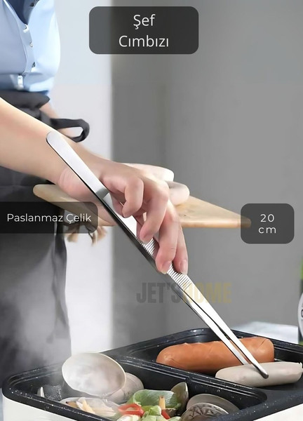 Jet's Home Düz Uçlu Şef Cımbızı Paslanmaz Dekor Cımbızı Çelik Mutfak Cımbızı Maşa 20 CM