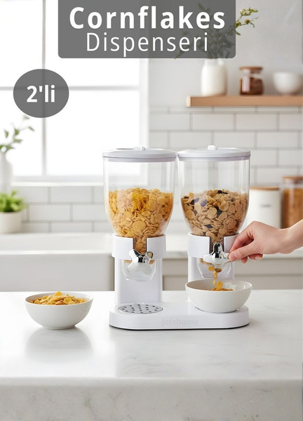 Jet's Home 2’li Cornflakes Dispenseri 7 L Çift Hazneli Müsli Granola Kuruyemiş Kahvaltı Tahılları Sunum Aparatı