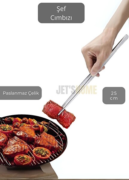 Jet's Home Düz Uçlu Şef Cımbızı Paslanmaz Dekor Cımbızı Çelik Mutfak Cımbızı Maşa 25 CM