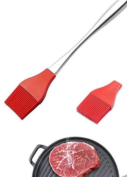 Jet's Home Yumurta Fırçası Mutfak Fırçası Paslanmaz Saplı Sos Fırçası Hamur Fırçası Silikon Kırmızı 31.5 CM