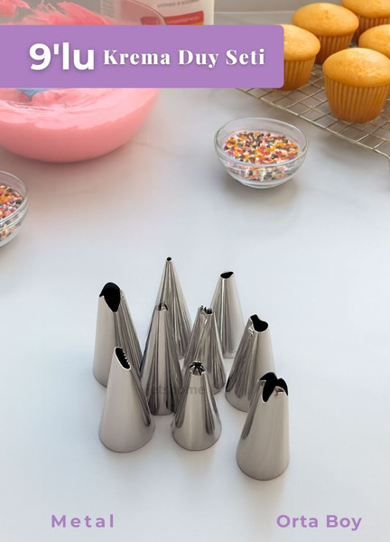 Jet's Home Orta Boy 9’lu Metal Krema Duy Seti - Pasta Duyu Cupcake ve Kurabiye Krema Duyu Süsleme