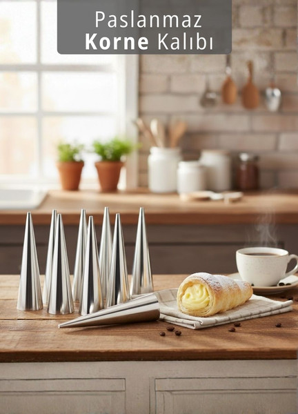 Jet's Home 12'li Korne Kalıbı Huni Tatlı Kalıbı Pasta Kurabiye Profiterol Milföy Süsleme Aparatı 12 CM
