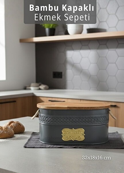 Jet's Home Bambu Kapaklı Ekmek Sepeti Saklama Kutusu Metal Şık Tasarım Antrasit