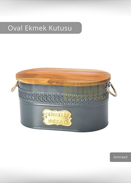 Jet's Home Bambu Kapaklı Ekmek Sepeti Saklama Kutusu Metal Şık Tasarım Antrasit