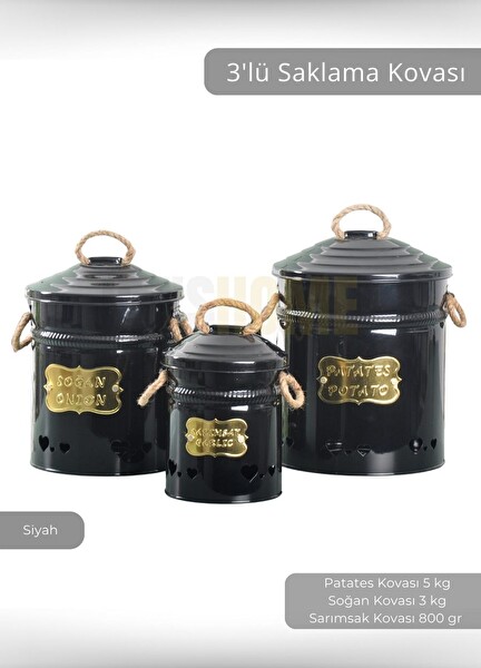 Jet's Home 3'lü Set Sebzelik Metal Patates Soğan Sepeti Sarımsak Kovası Şık Organizer Siyah