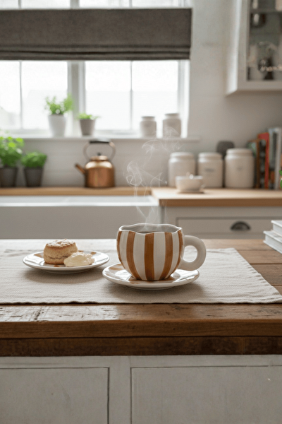 Mithra Life Kahverengi Çizgili 400 ML El Yapımı Seramik Çay Kahve Kupa Takımı MIT1327