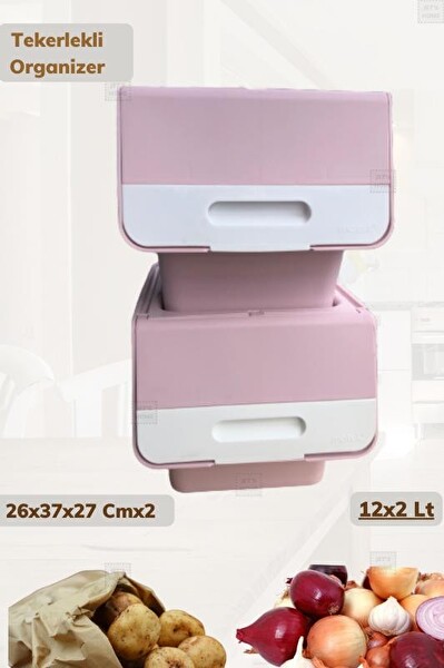 Jet's Home 2’li Tekerlekli Organizer BPA Free Erzak Kutusu Sebzelik Soğanlık Oyuncaklık Pembe 24 L