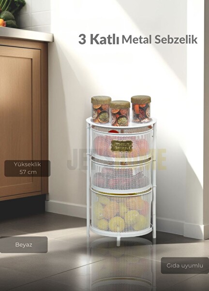 Jet's Home 3 Katlı Sebzelik Açılır Metal Patates Soğan Sepeti Paslanmaz Meyvelik Organizer Sepet Beyaz