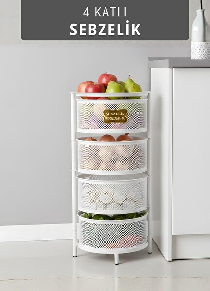 Jet's Home 4 Katlı Sebzelik Açılır Metal Patates Soğan Sepeti Paslanmaz Meyvelik Organizer Sepet Beyaz