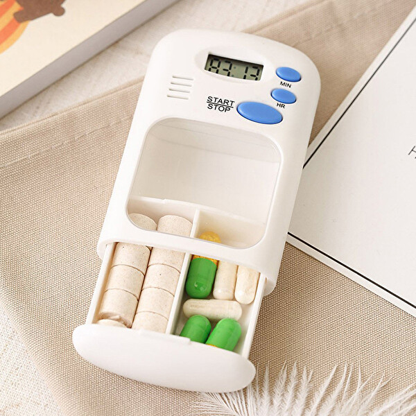 Ezere Elektronik Akıllı Zamanlayıcılı Taşınabilir Hap İlaç Kutusu - BPA İçermez Beyaz