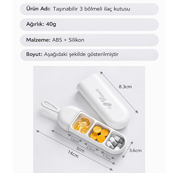 Ezere Taşınabilir 3 Bölmeli Nem Geçirmez Mini Hap İlaç Saklama Kutusu - BPA İçermez Beyaz