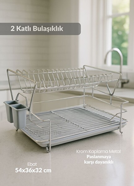 Jet's Home 2 Katlı Bulaşıklık Tezgah Üstü Tabaklık BPA FREE Bulaşık Sepeti Kurutmalık Gri