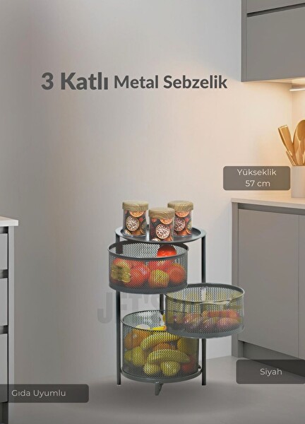 Jet's Home 3 Katlı Sebzelik Açılır Metal Patates Soğan Sepeti Paslanmaz Meyvelik Organizer Sepet Siyah