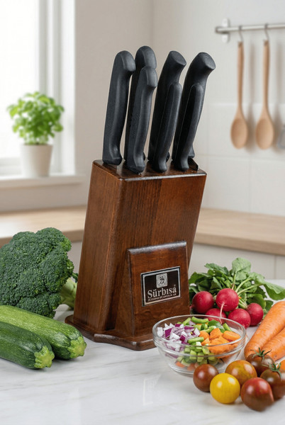 Sürbisa 61510 Sürmene Eskitme Ahşap Kütüklü Stand 8 Parça Çeyiz Bıçak Takımı Set