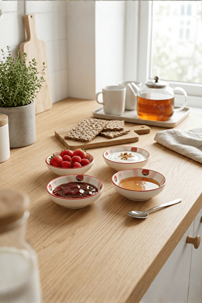 Mithra Life Çilek Serisi 4'lü Seramik Oval Kahvaltılık Sosluk Reçellik Sunumluk Kase Seti MIT1331