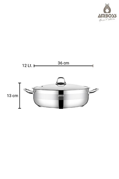 Amboss Saphire Paslanmaz Çelik 36 cm Cam Kapaklı Basık Tencere