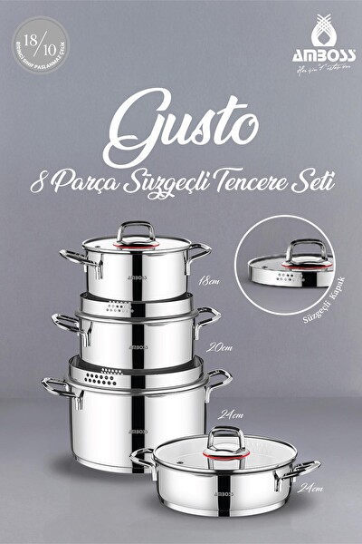 Amboss Gusto 8 Parça Paslanmaz Çelik Süzgeçli Tencere Seti