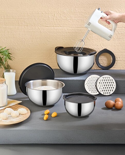 Sofram PratikŞef 9 Parça Paslanmaz Çelik Blender Uyumlu 16-20-24 CM Rendeli Karıştırma ve Saklama Kabı