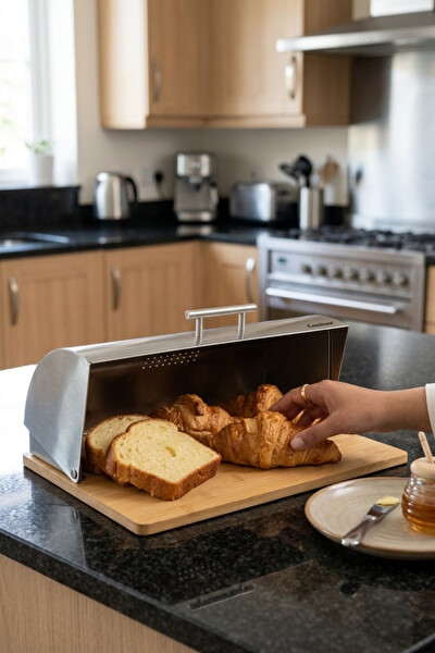 Cooker Silvora Metal Kapaklı Bambu Tabanlı Ekmek Kutusu CKR4542