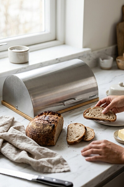 Cooker Silvora Metal Kapaklı Bambu Tabanlı Ekmek Kutusu CKR4542