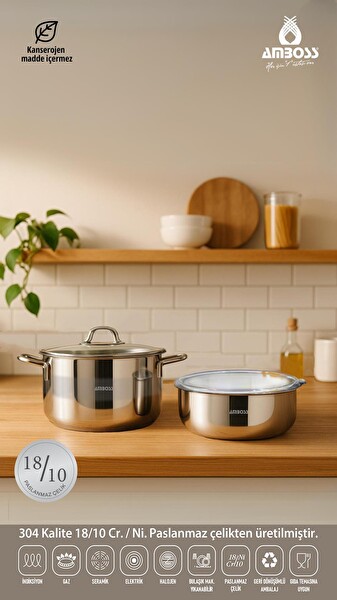 Amboss 4 Parça Cook and Store Paslanmaz Çelik Tencere Saklama Kabı Pratik Set