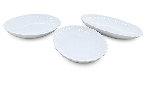 Kütahya Porselen Bone Luz Form Kayık Tabak Seti Krem - 3 Parça