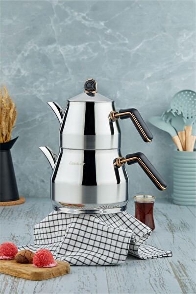 Cooker Everest 18/10 1.40 L Demlik 2.75 L Alt Hazne Paslanmaz Çelik Aile Boy Çaydanlık