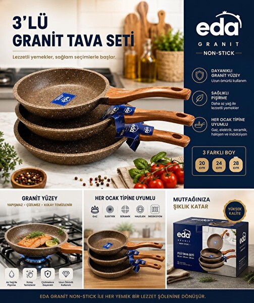 Eda Focus Kahverengi Granit Döküm 3'lü Tava Seti 20-24-28 CM ZK-922