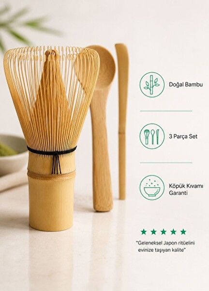 Jet's Home Matcha Çayı Hazırlama Bambu 3'lü Set - Geleneksel Japon Çay Seremoni Seti