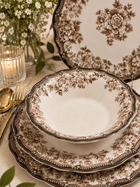 Porser Porselen Velour Brown Fulya Yemek Seti 6 Kişilik 24 Parça