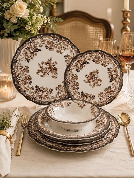 Porser Porselen Velour Brown Fulya Yemek Seti 6 Kişilik 24 Parça