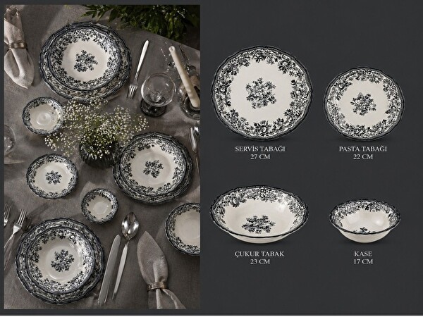 Porser Porselen Velour Antrasit Fulya Yemek Seti 6 Kişilik 24 Parça