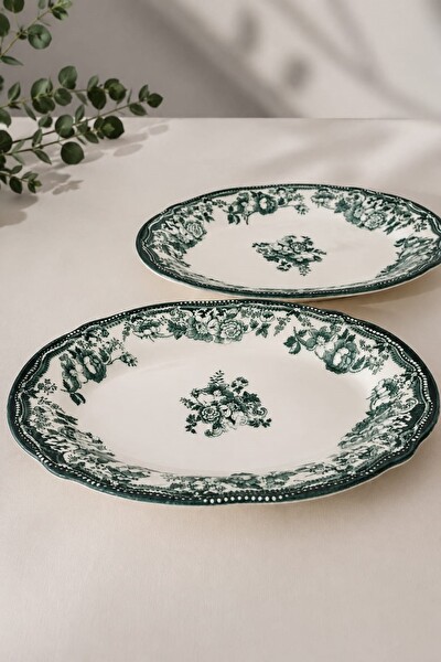 Porser Porselen Velour Green Fulya Kayık Tabak Seti 26 CM 2 Parça