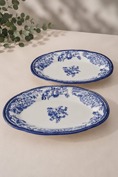 Porser Porselen Velour Navy Fulya Kayık Tabak Seti 26 CM 2 Parça