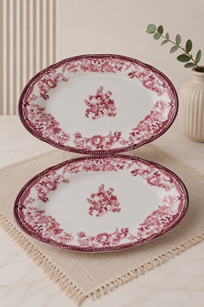 Porser Porselen Velour Bordo Fulya Kayık Tabak Seti 22 CM 2 Parça