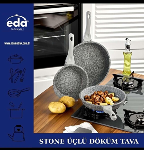 Eda Stone Gri Granit Döküm 20-24-28 CM 3'lü Tava Seti ZK-921