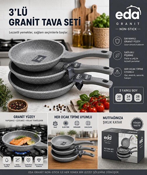 Eda Stone Gri Granit Döküm 20-24-28 CM 3'lü Tava Seti ZK-921