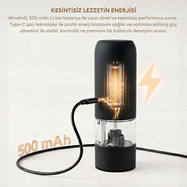Pizen Windmill Şarjlı Otomatik Baharat Öğütücü LED Işıklı Tuz Karabiber Değirmeni Elektrikli Baharat Değirmeni Siyah