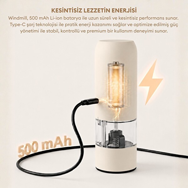 Pizen Windmill Şarjlı Otomatik Baharat Öğütücü LED Işıklı Tuz Karabiber Değirmeni Elektrikli Baharat Değirmeni Bej