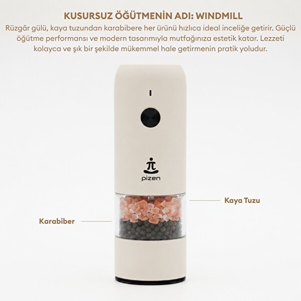 Pizen Windmill Şarjlı Otomatik Baharat Öğütücü LED Işıklı Tuz Karabiber Değirmeni Elektrikli Baharat Değirmeni Bej