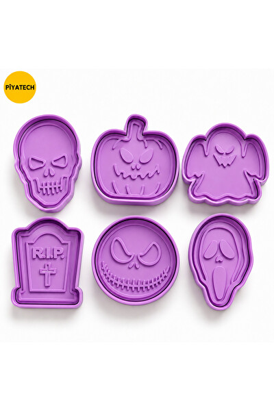 Piyatech 6'lı Cadılar Bayramı Halloween Temalı 3D Baskılı Şekillendirici Kurabiye Ve Şeker Hamuru Kalıbı Seti