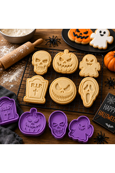 Piyatech 6'lı Cadılar Bayramı Halloween Temalı 3D Baskılı Şekillendirici Kurabiye Ve Şeker Hamuru Kalıbı Seti