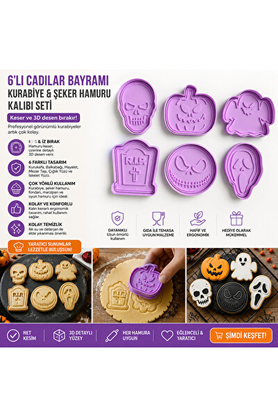 Piyatech 6'lı Cadılar Bayramı Halloween Temalı 3D Baskılı Şekillendirici Kurabiye Ve Şeker Hamuru Kalıbı Seti