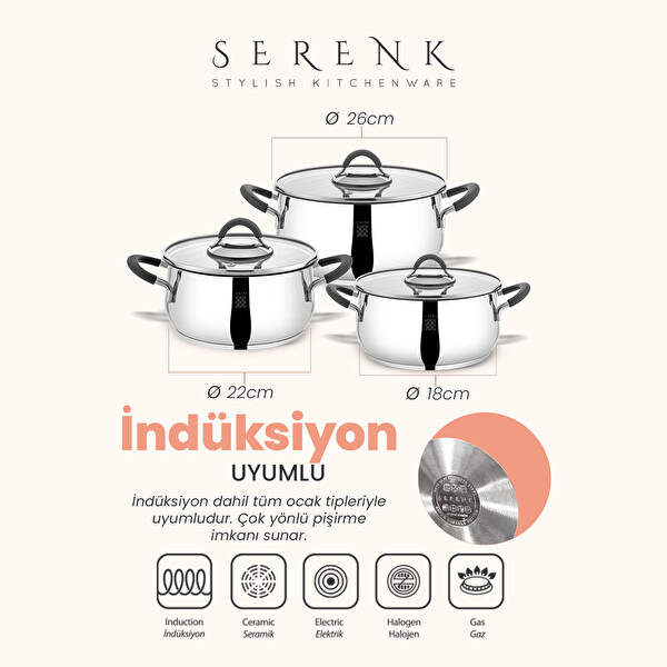 Serenk Modernist 6 Parça 18-10 Paslanmaz Çelik 18-22-26 CM Çelik Tencere Seti