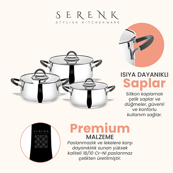 Serenk Modernist 6 Parça 18-10 Paslanmaz Çelik 18-22-26 CM Çelik Tencere Seti
