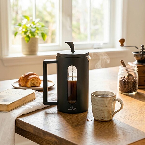 Any Morning FF002 600 ML Darbeye Dayanıklı Cam 304 Paslanmaz Çelik Filtreli French Press