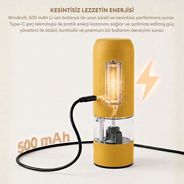 Pizen Windmill Şarjlı Otomatik Baharat Öğütücü LED Işıklı Sarı Tuz Karabiber Elektrikli Baharat Değirmeni