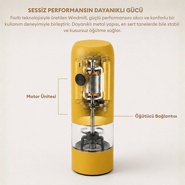 Pizen Windmill Şarjlı Otomatik Baharat Öğütücü LED Işıklı Sarı Tuz Karabiber Elektrikli Baharat Değirmeni